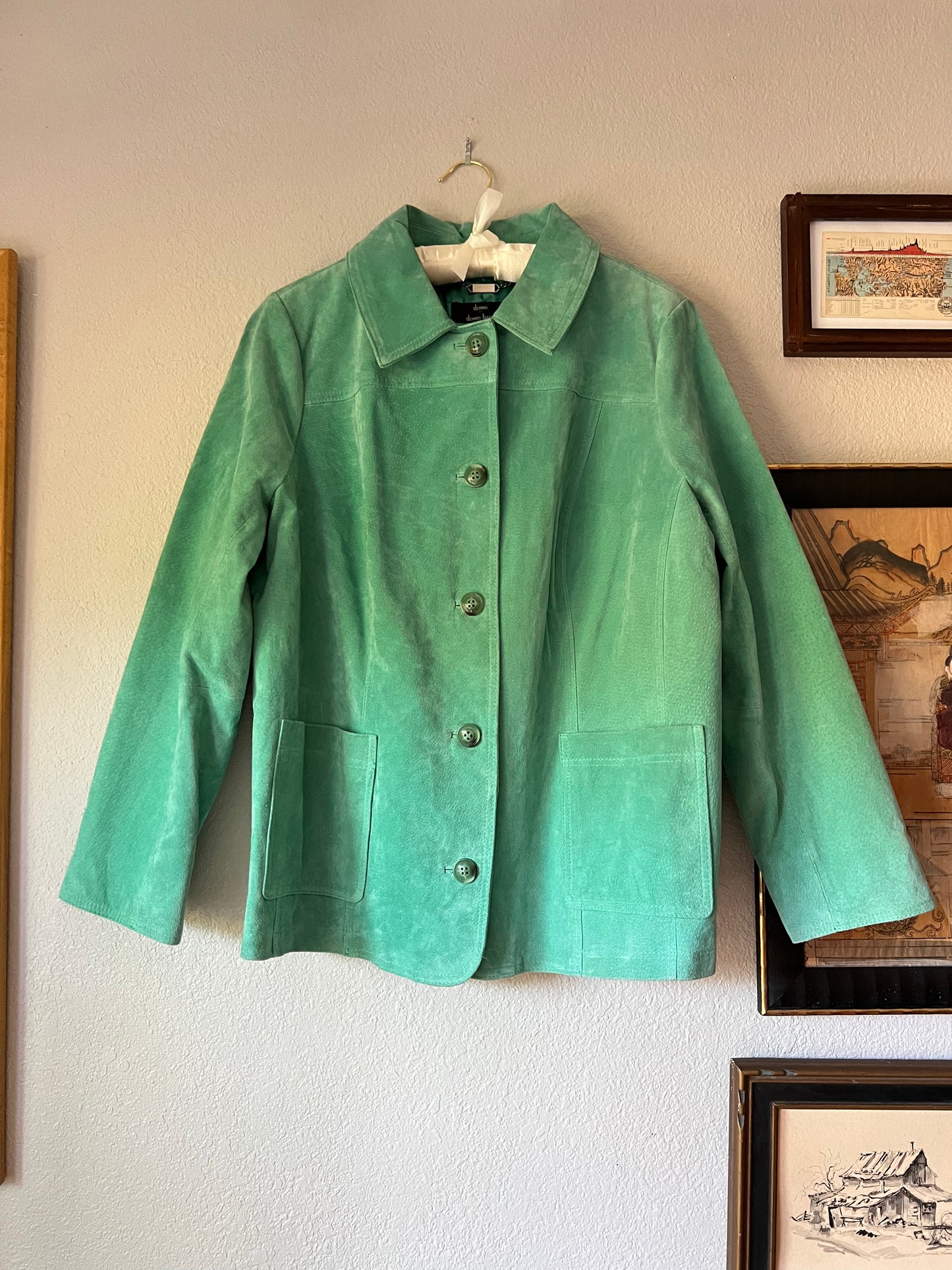 Dennis Basso Genuine Suede Leather Jacket Seafoam Teal Turquoise with Pockets - XL