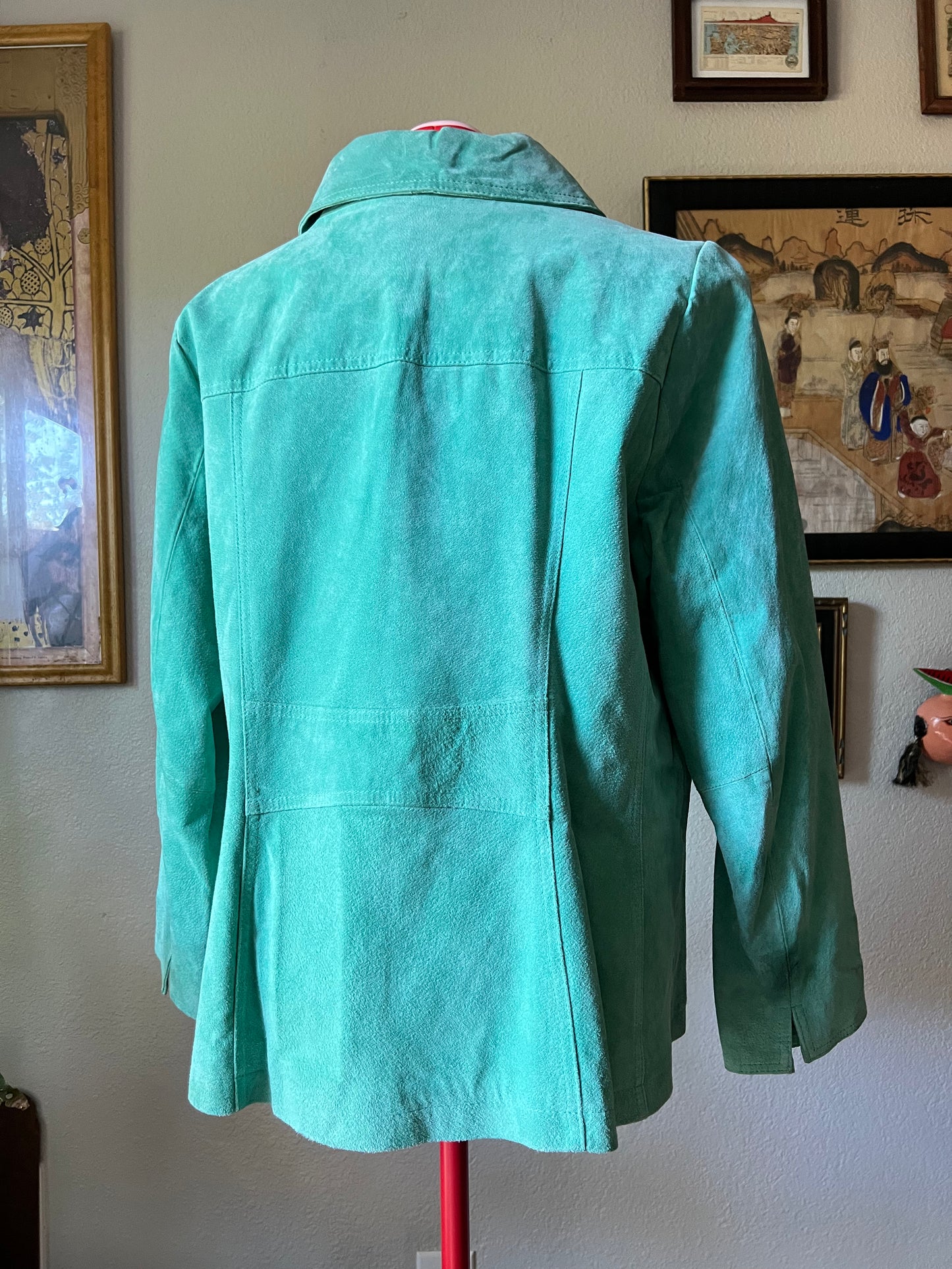 Dennis Basso Genuine Suede Leather Jacket Seafoam Teal Turquoise with Pockets - XL