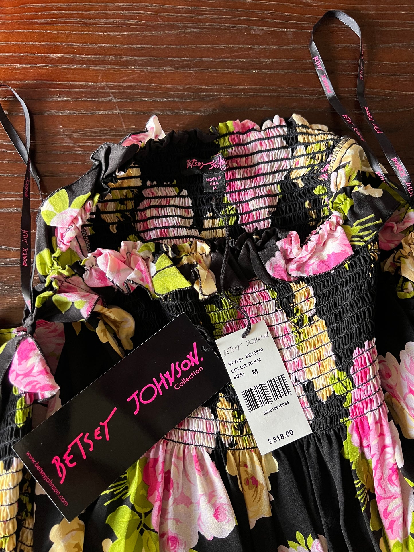 BNWT 100% Silk Betsey Johnson Floral Off Shoulder Mini Dress in Black and Pink - Medium