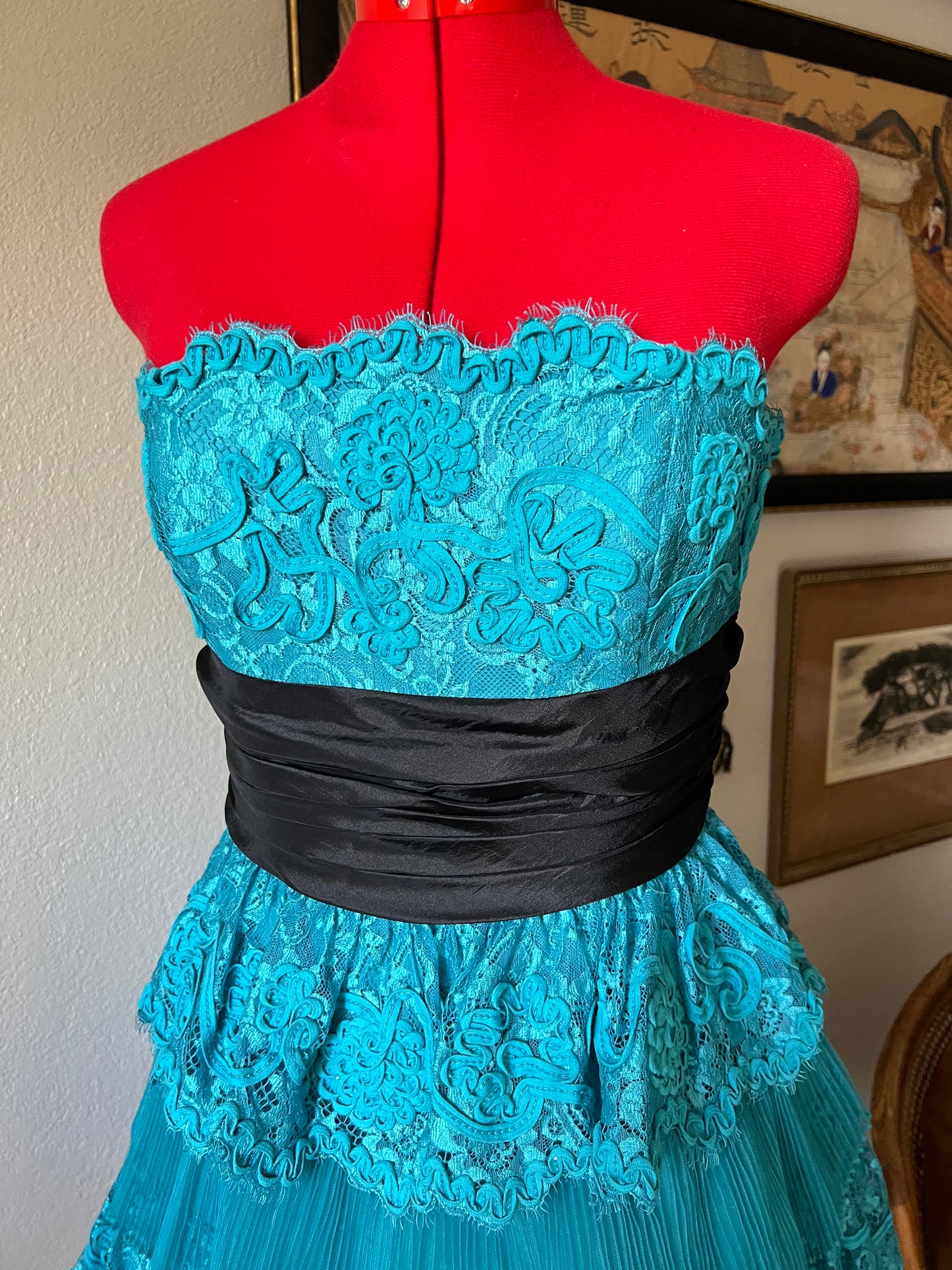 BNWT Vintage Betsey Johnson Cupcake Lace Ruffle Dress in Blue with Black Bow - US 8