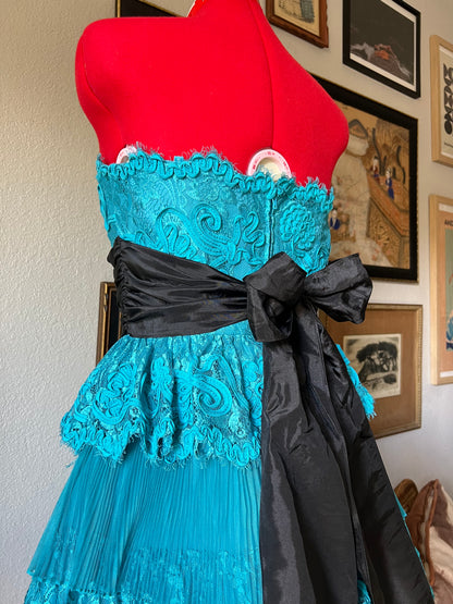 BNWT Vintage Betsey Johnson Cupcake Lace Ruffle Dress in Blue with Black Bow - US 8