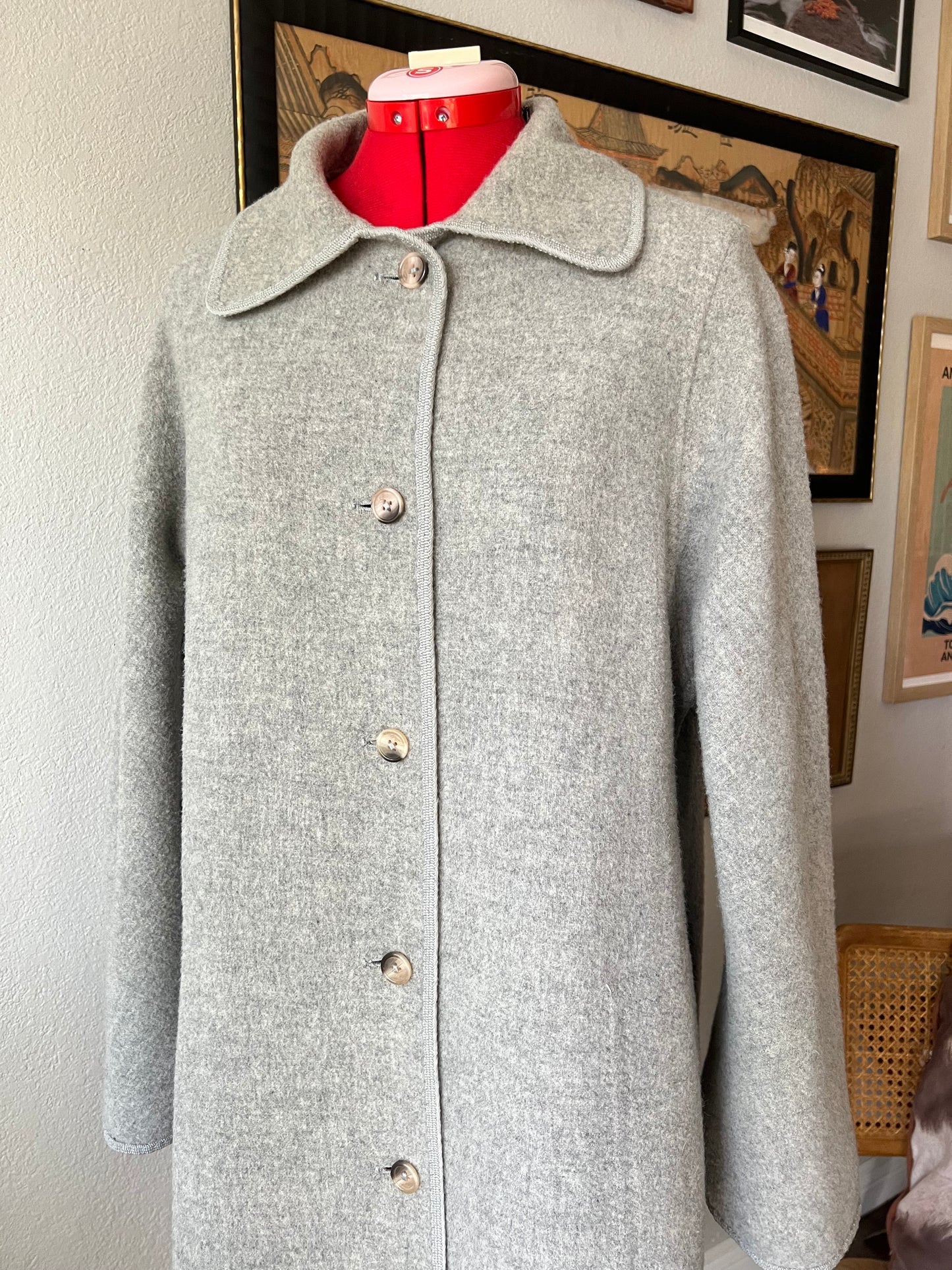 Vintage Wetherall Grey and Ivory Reversible Pure Virgin Wool Midi Jacket Coat - S/M