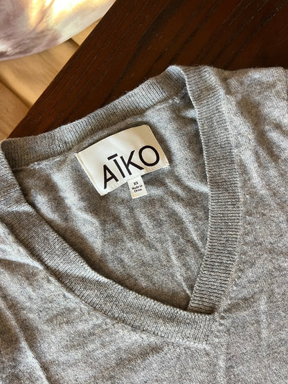 ATKO Cashmere Wool Sweater Grey V-Neck with Black Sleeves - XS