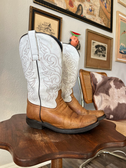 Masterson Woman’s Brown and White Leather Cowgirl Western Boots Square Toe - US 8