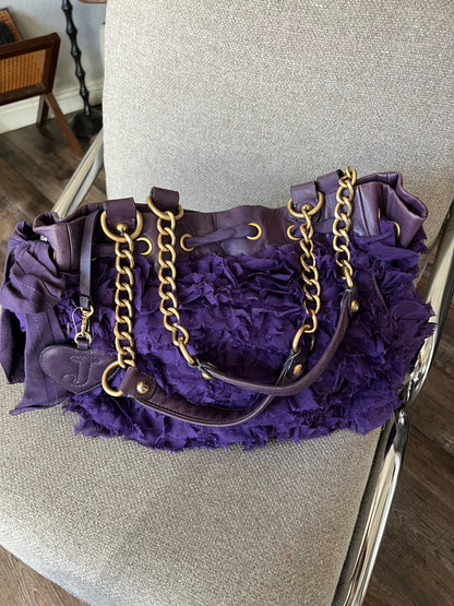 Y2K Vintage Juicy Couture 100% Silk Ruffles Dainty Bow Leather Trim Handbag with Chain Handles