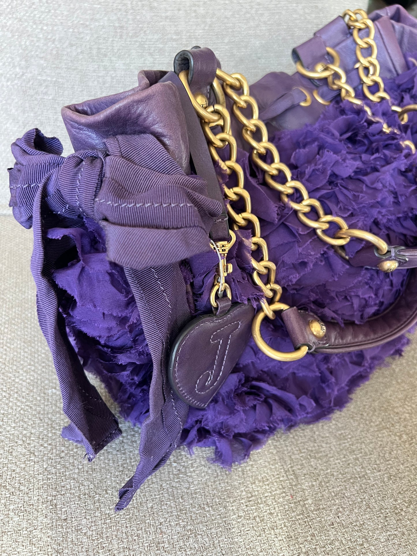 Y2K Vintage Juicy Couture 100% Silk Ruffles Dainty Bow Leather Trim Handbag with Chain Handles