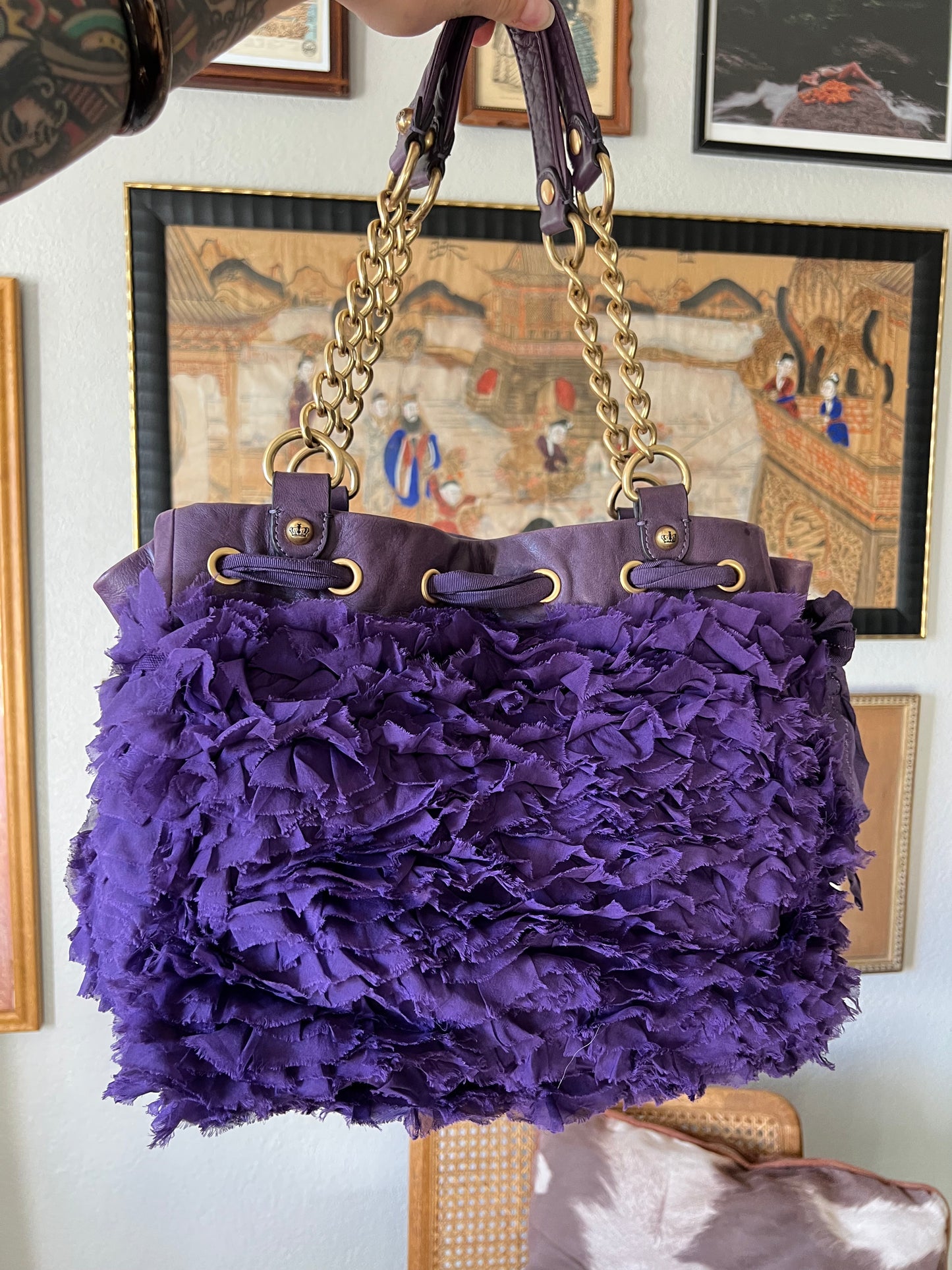 Y2K Vintage Juicy Couture 100% Silk Ruffles Dainty Bow Leather Trim Handbag with Chain Handles