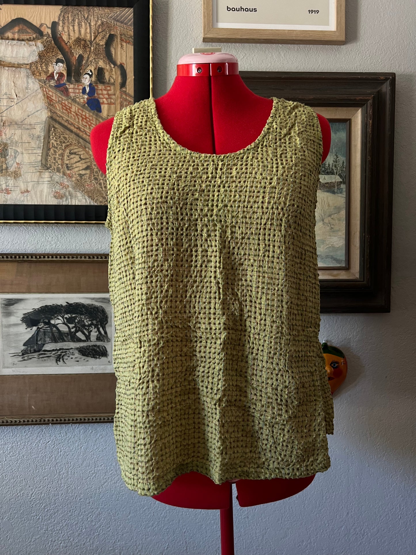 Vintage Green Plaid Waffle Textured Tank Top - Large