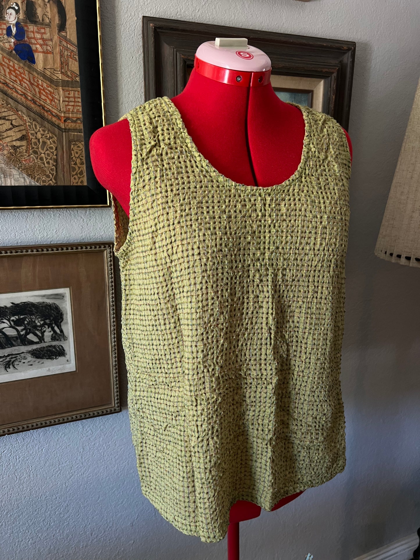 Vintage Green Plaid Waffle Textured Tank Top - Large