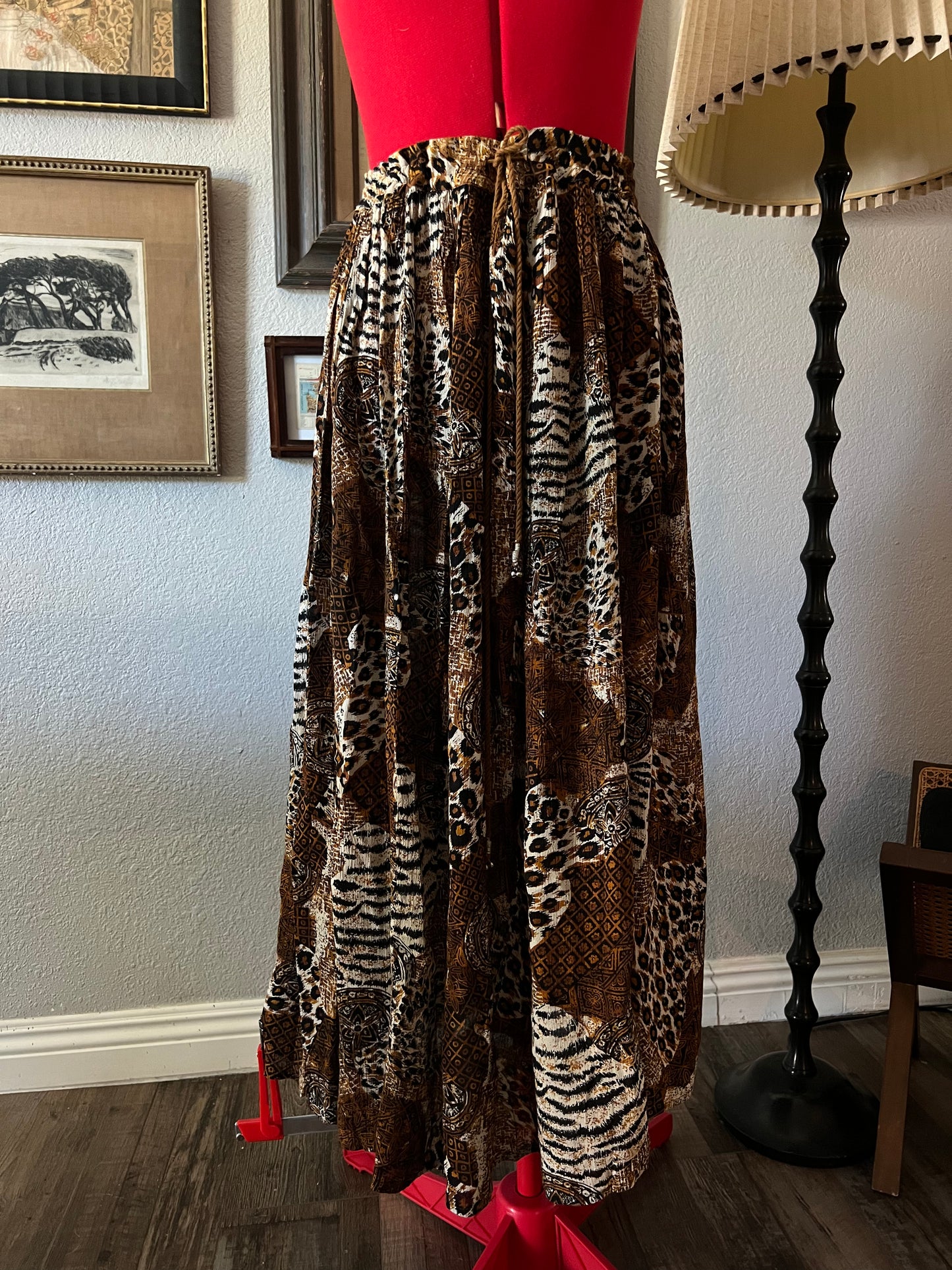 Vintage Abstract Animal Print Maxi Skirt with Drawstring