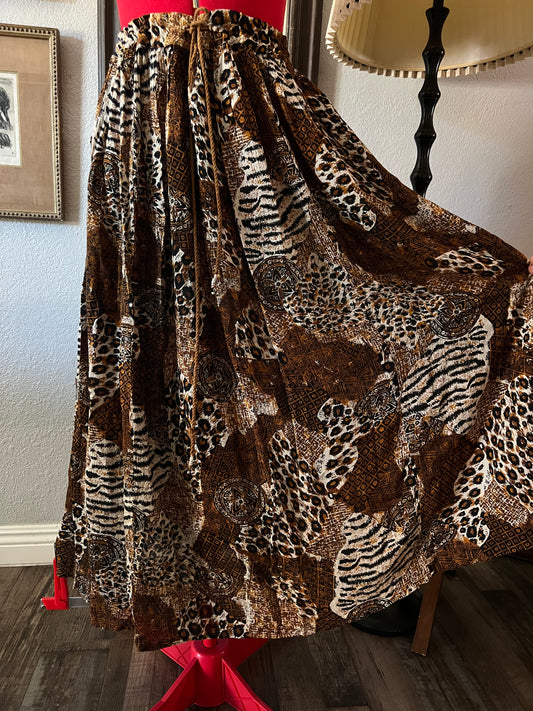 Vintage Abstract Animal Print Maxi Skirt with Drawstring