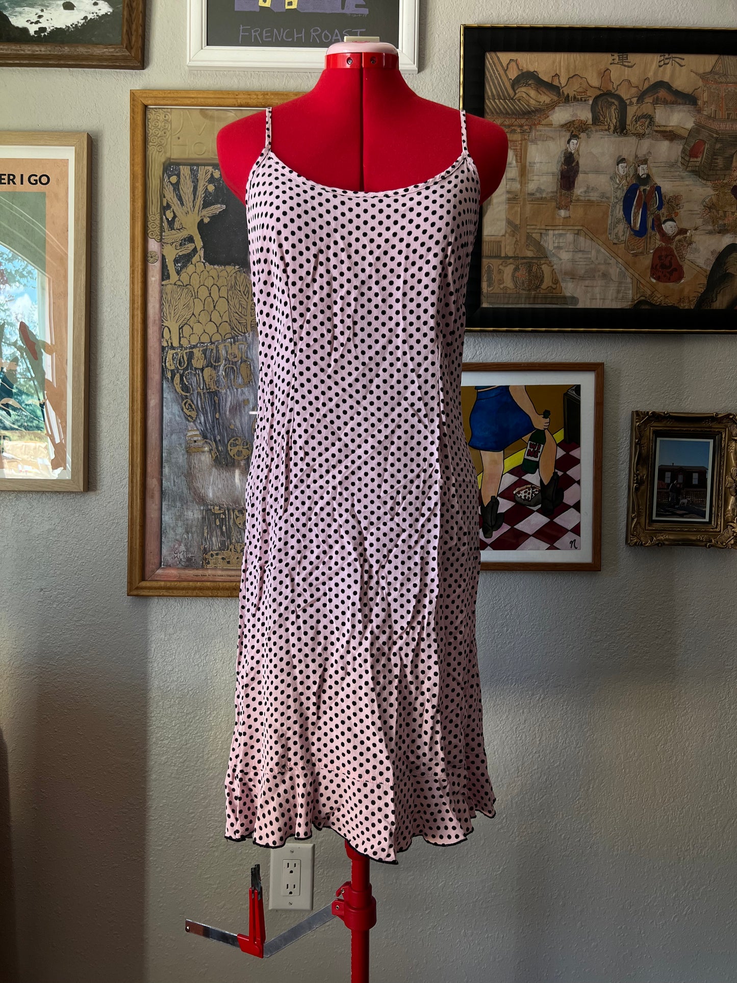 Vintage Pink and Black Polka Dot Dress - Small