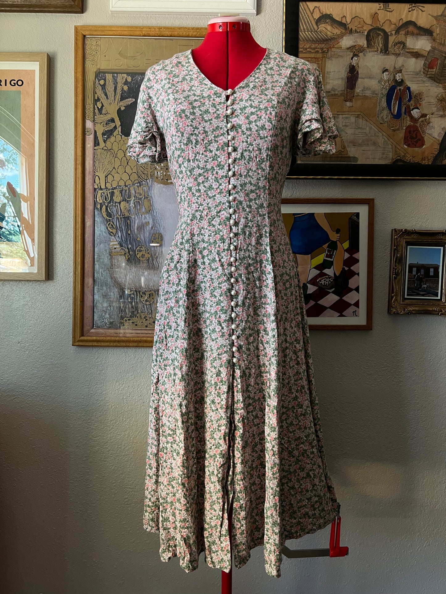 Vintage Floral Midi Dress Pearl Buttons - S/M