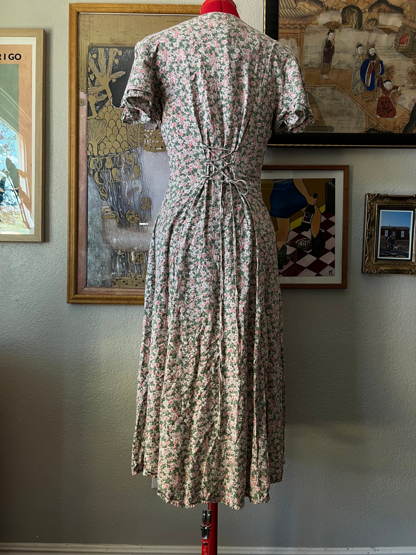 Vintage Floral Midi Dress Pearl Buttons - S/M