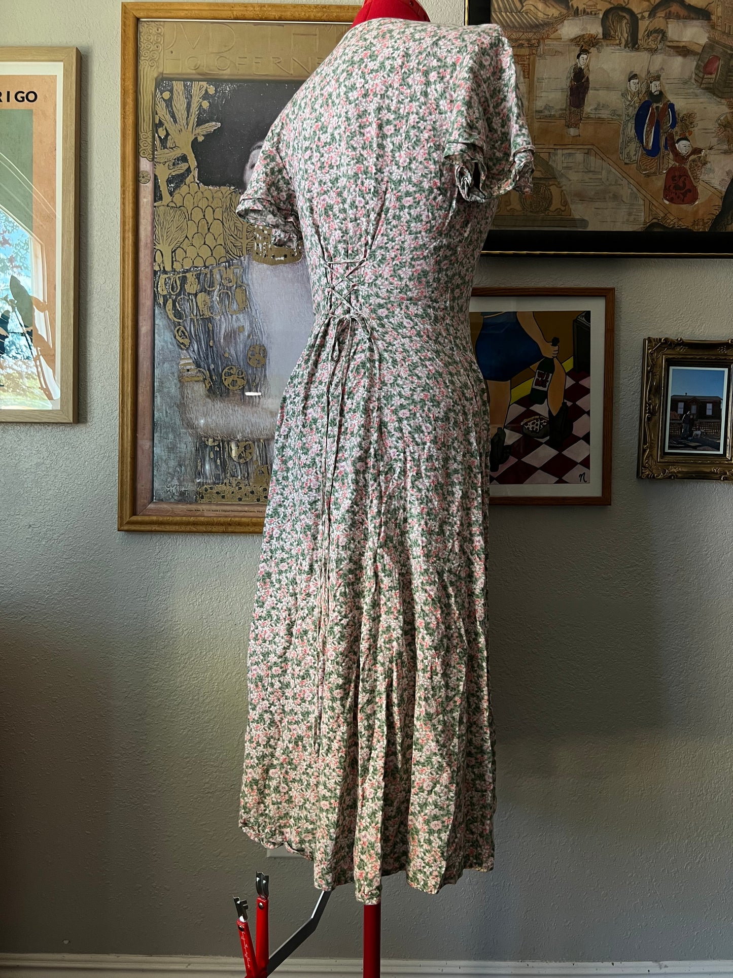 Vintage Floral Midi Dress Pearl Buttons - S/M