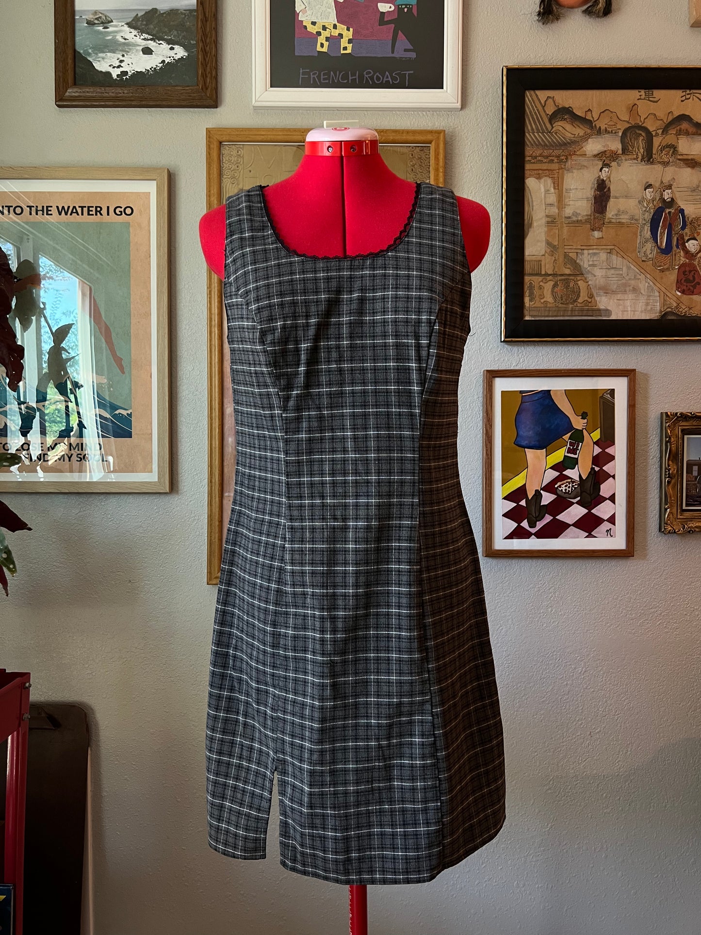 90s California Concepts Plaid Dress with Lace Trim - S/M