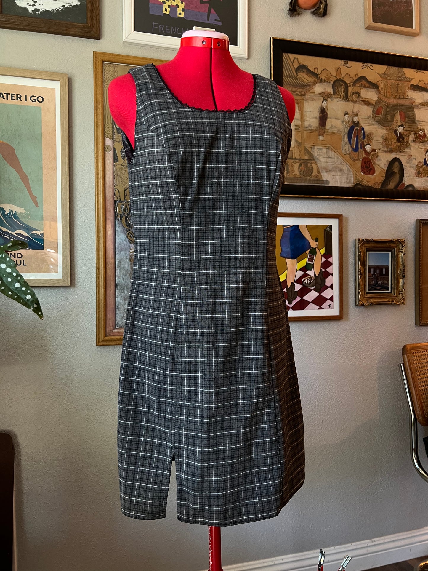 90s California Concepts Plaid Dress with Lace Trim - S/M