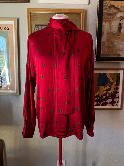 80s 100% Silk Sash Bow Blouse