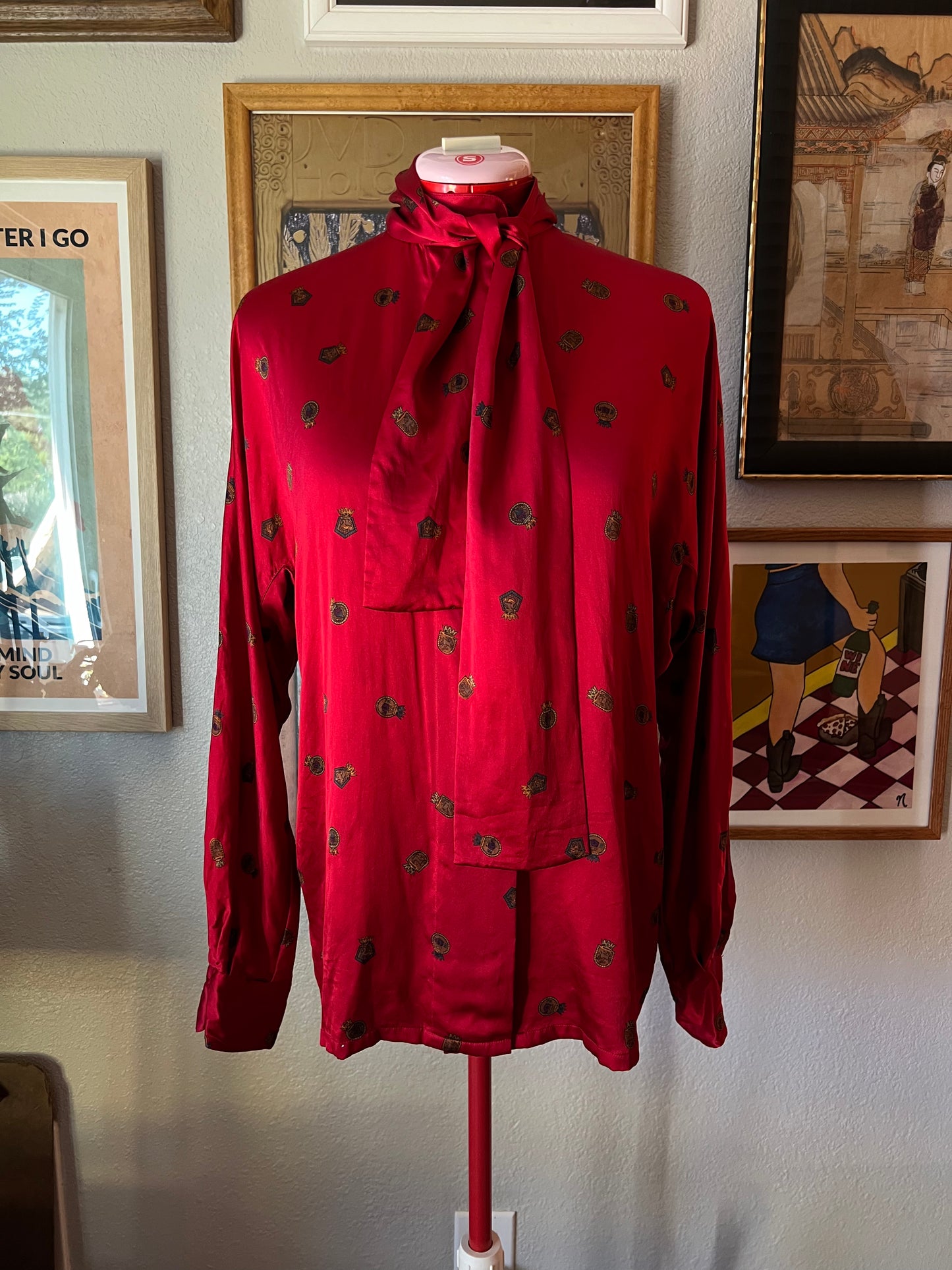 80s 100% Silk Sash Bow Blouse