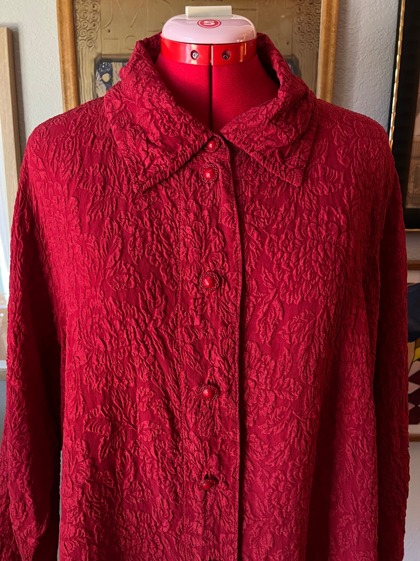 URU Soft Textured 100% Silk Blouse Red Floral