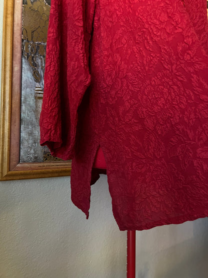 URU Soft Textured 100% Silk Blouse Red Floral