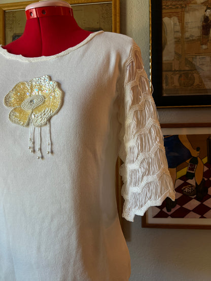 Vintage Beaded Flower and Fringed Sleeves - Medium