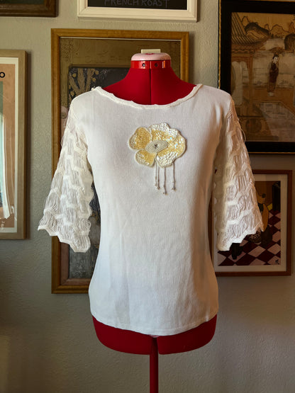 Vintage Beaded Flower and Fringed Sleeves - Medium