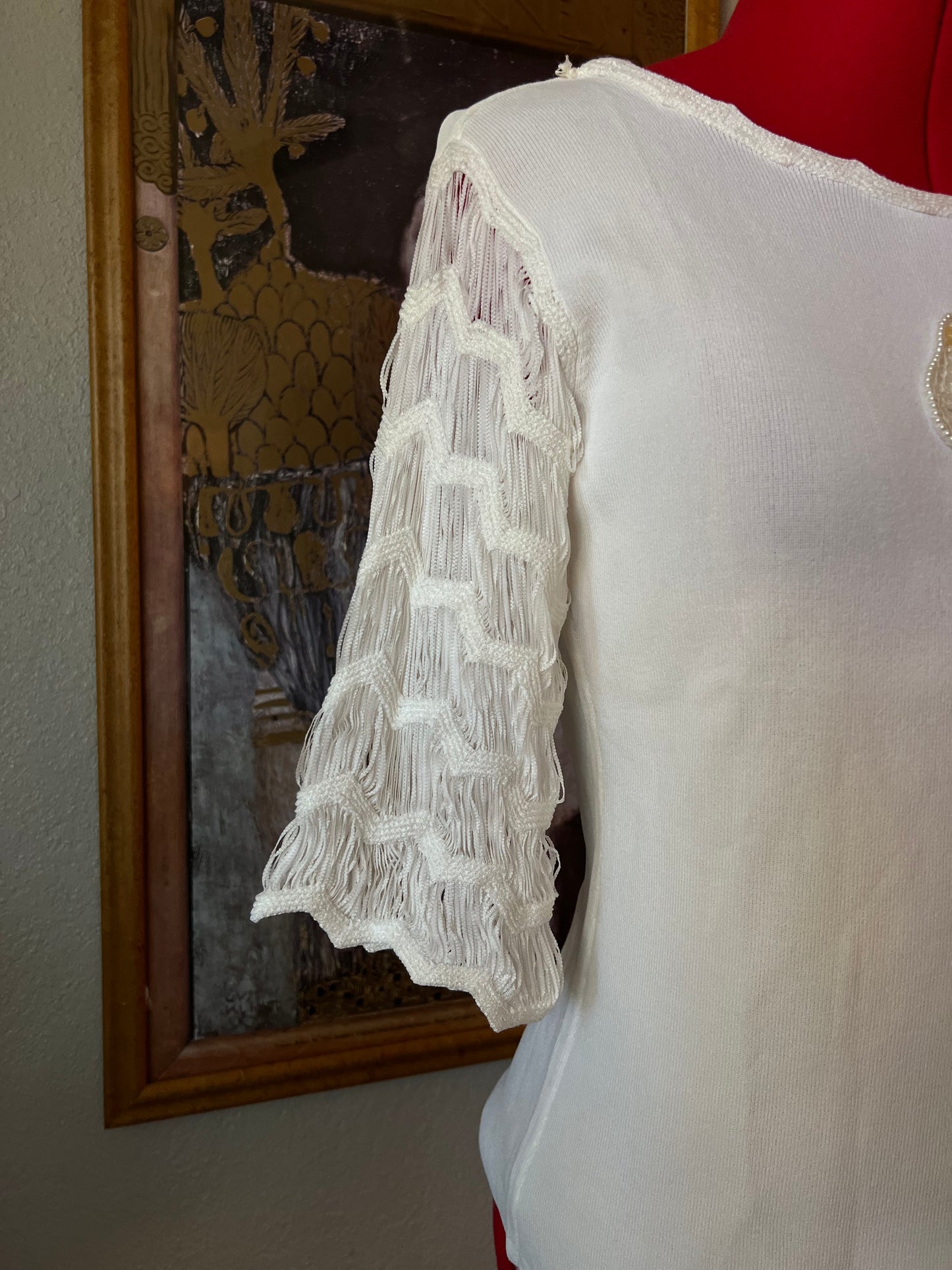 Vintage Beaded Flower and Fringed Sleeves - Medium