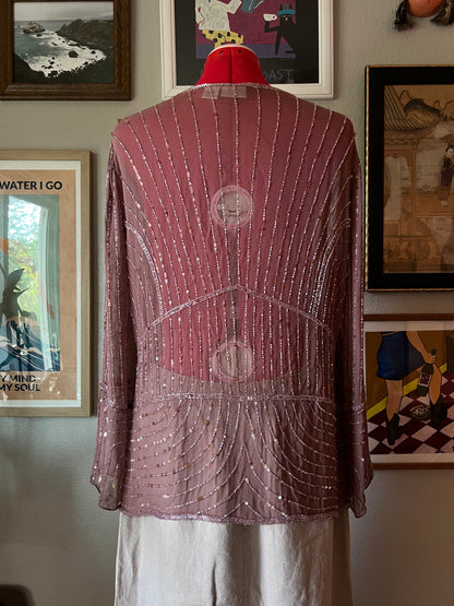 100% Silk SheerBeaded Pink Long Sleeve Top with Bow - US14