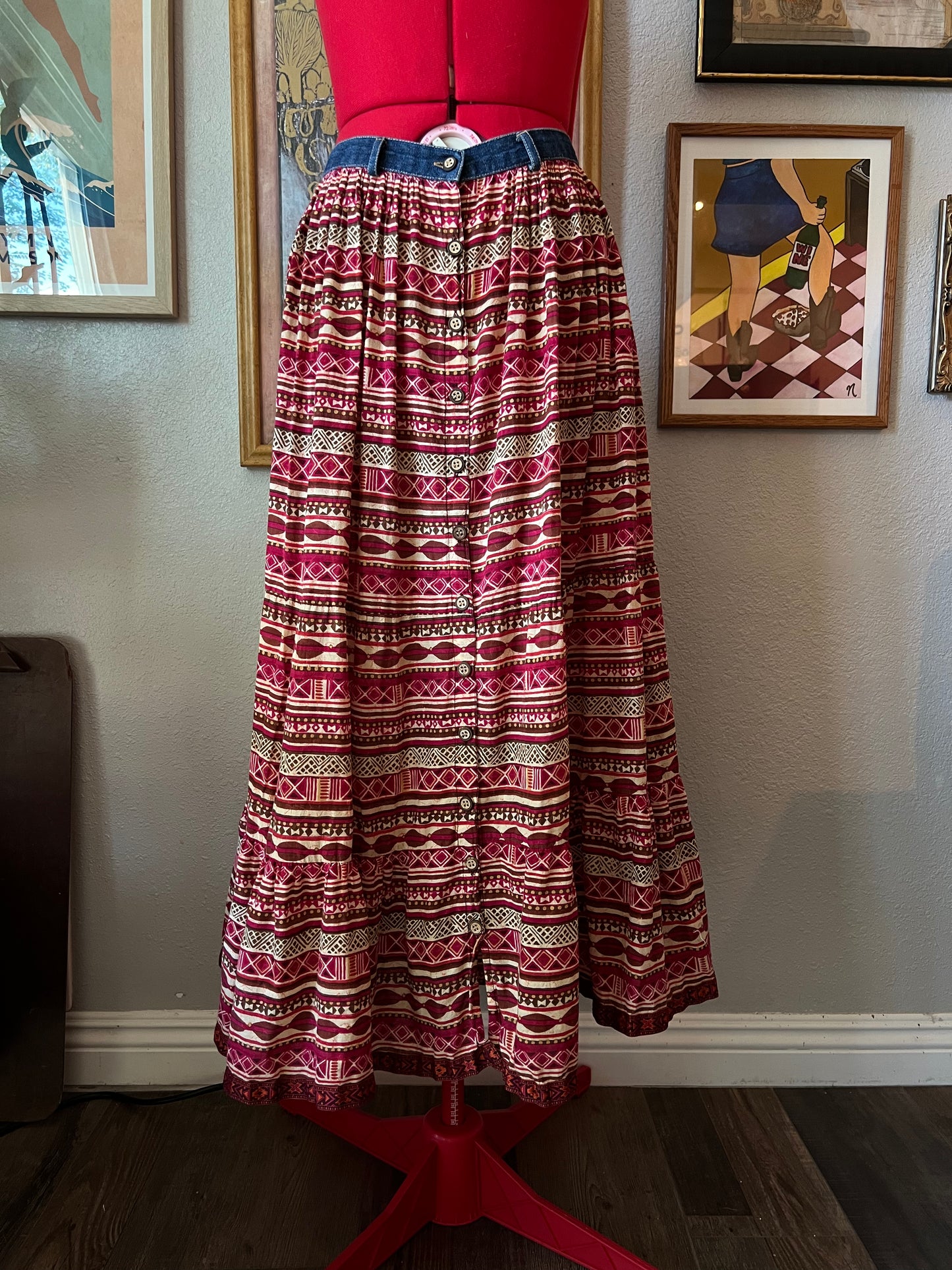 90s St John's Bay Red Striped Maxi Skirt - 28"