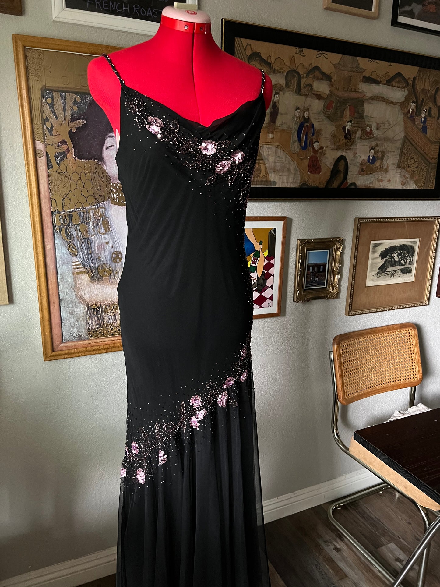 90s XSCAPE 100% Silk Chiffon Beaded Gown - US6