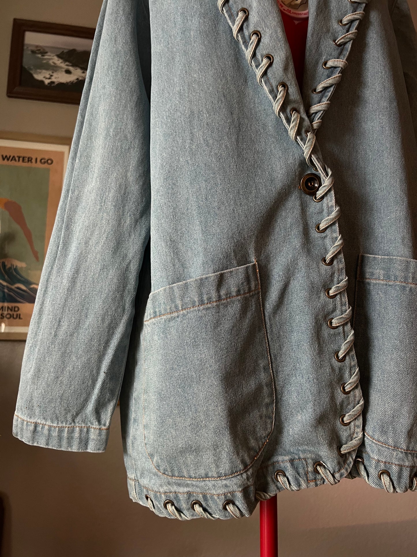 90s Newport News Denim Blazer with Laced Trim - Large