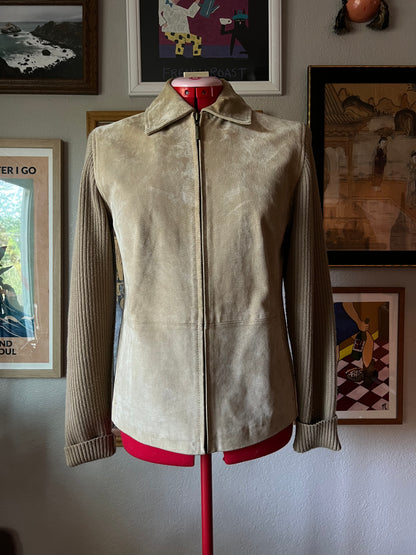 90s Beige Tan Suede Jacket with Knitted Sleeves - Small