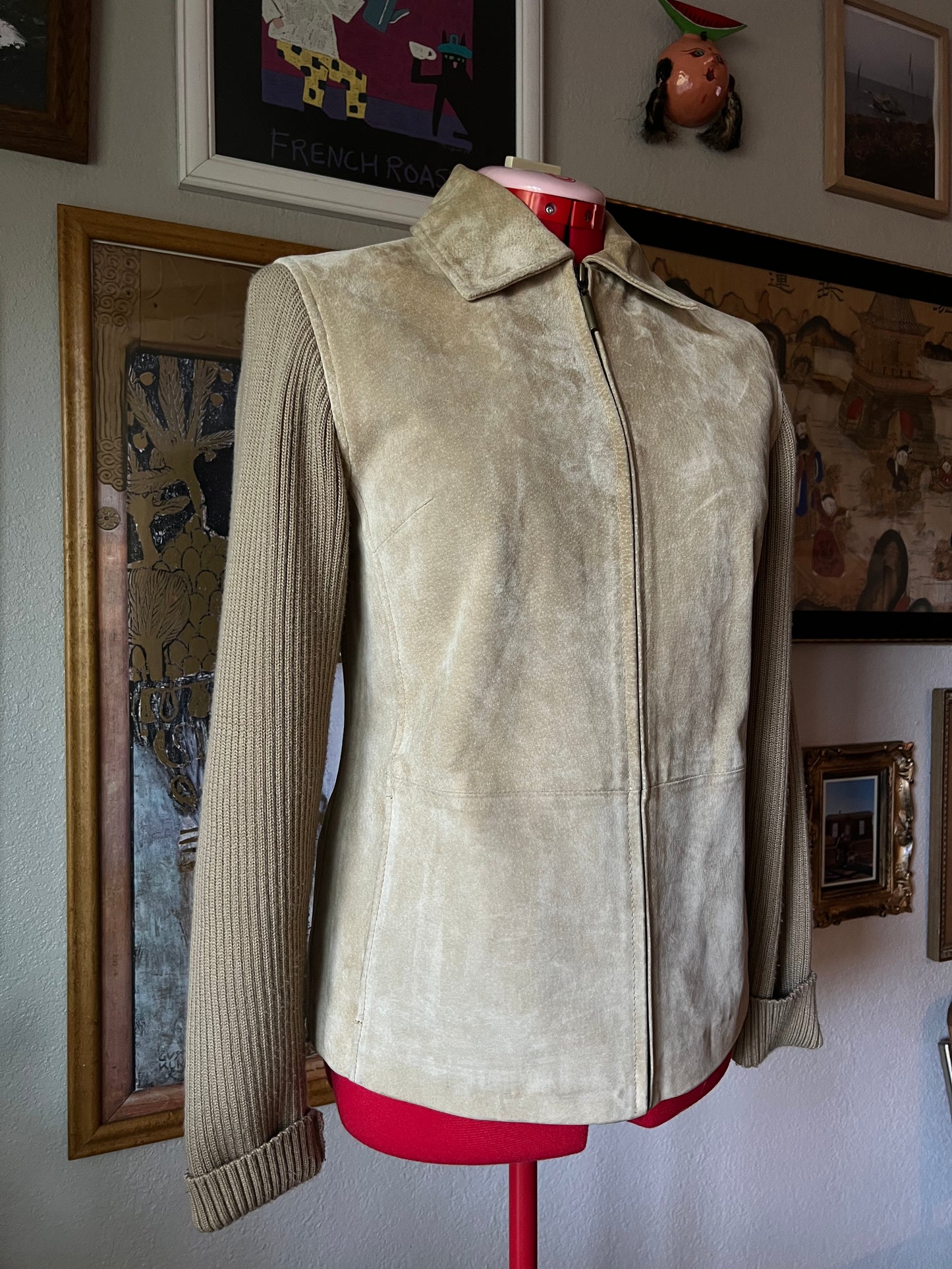 90s Beige Tan Suede Jacket with Knitted Sleeves - Small