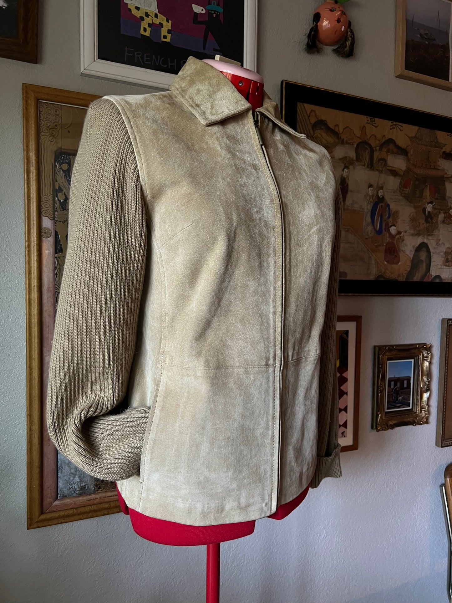 90s Beige Tan Suede Jacket with Knitted Sleeves - Small