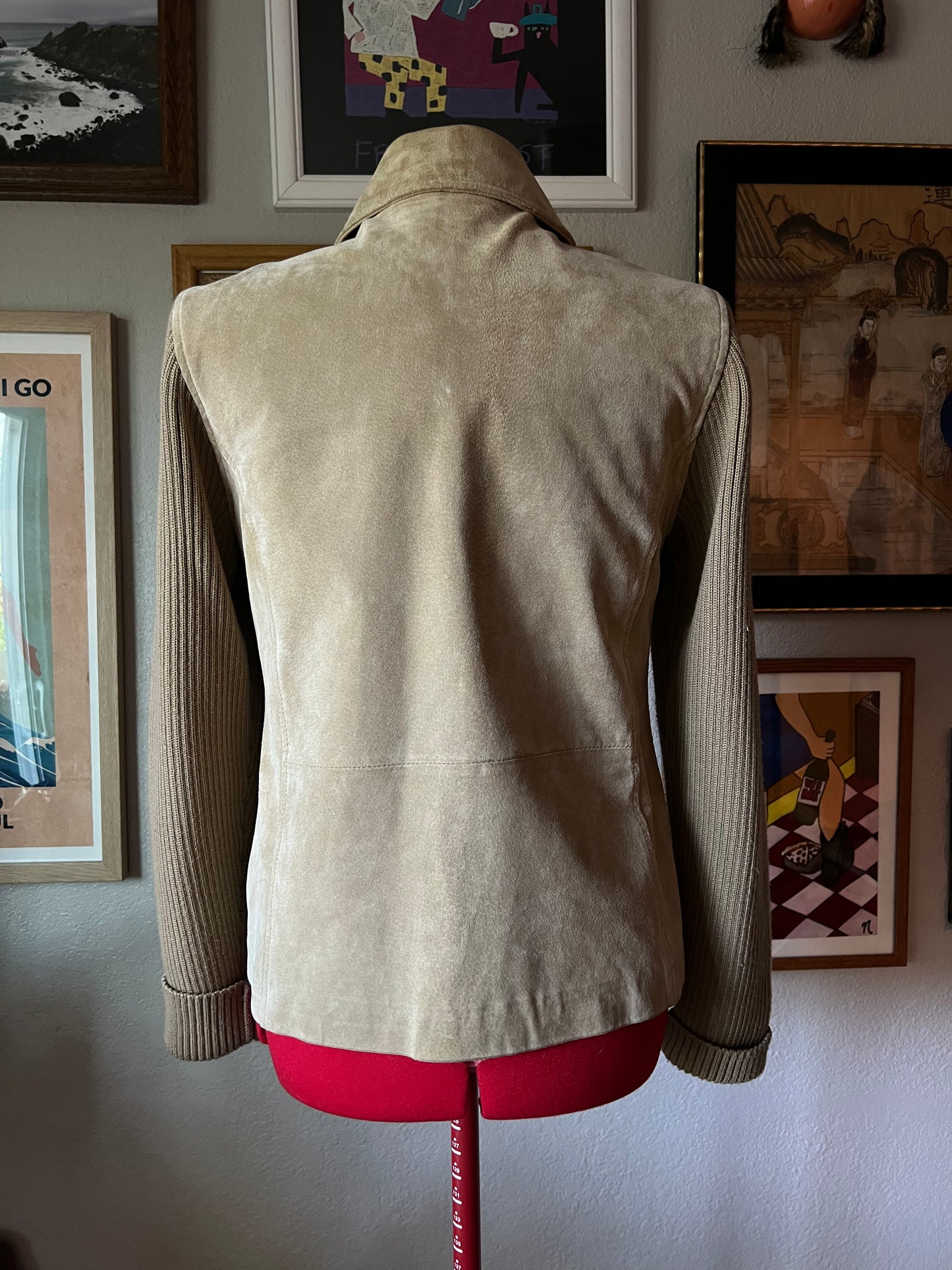 90s Beige Tan Suede Jacket with Knitted Sleeves - Small