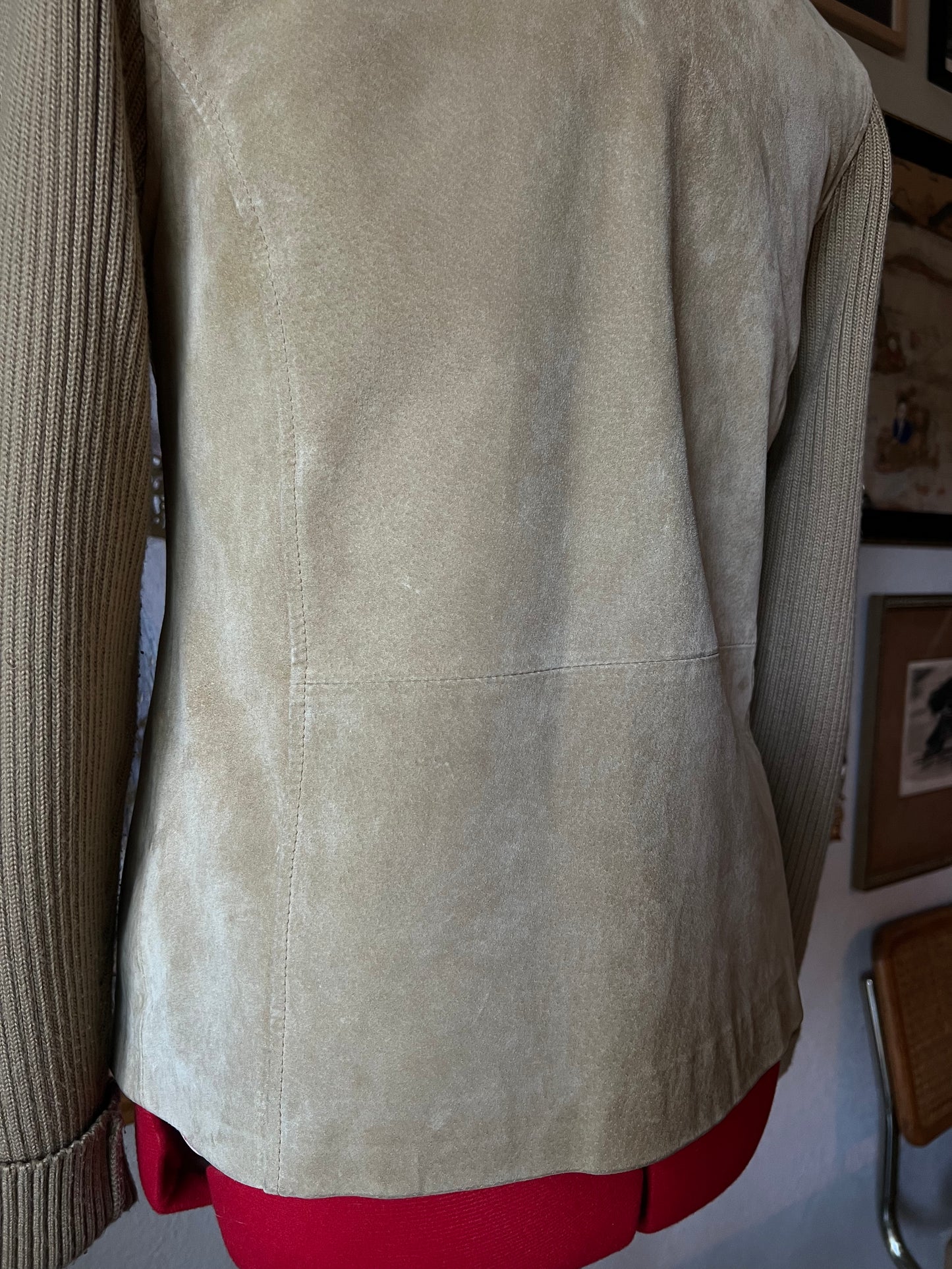 90s Beige Tan Suede Jacket with Knitted Sleeves - Small