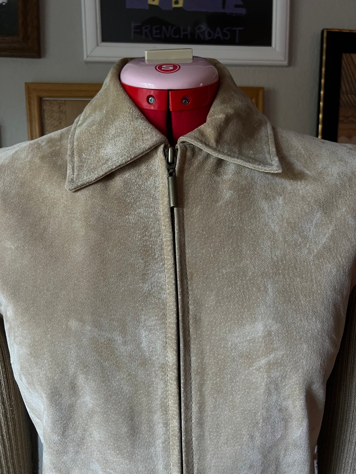 90s Beige Tan Suede Jacket with Knitted Sleeves - Small