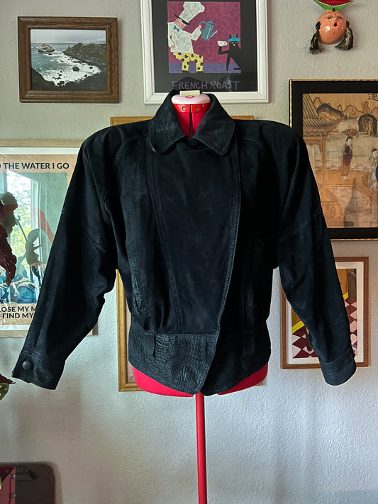 80s Black Leather Cropped Moto Jacket - Medium