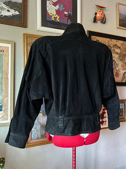 80s Black Leather Cropped Moto Jacket - Medium