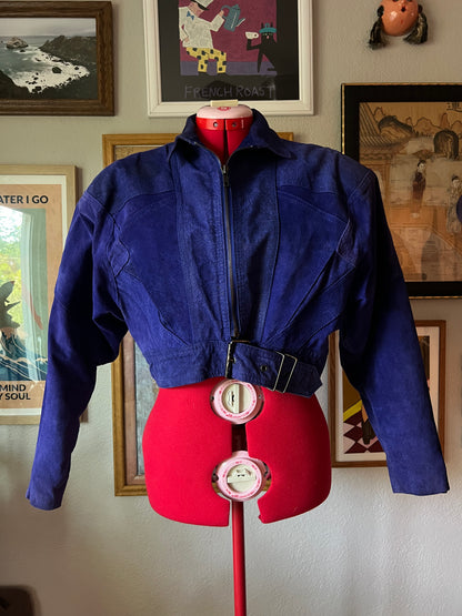 80s RARE Electric Blue Cropped Leather Jacket - Medium