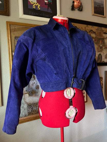 80s RARE Electric Blue Cropped Leather Jacket - Medium