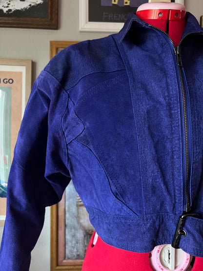 80s RARE Electric Blue Cropped Leather Jacket - Medium