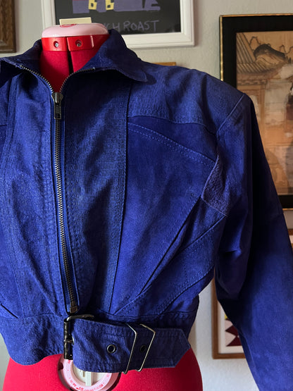 80s RARE Electric Blue Cropped Leather Jacket - Medium