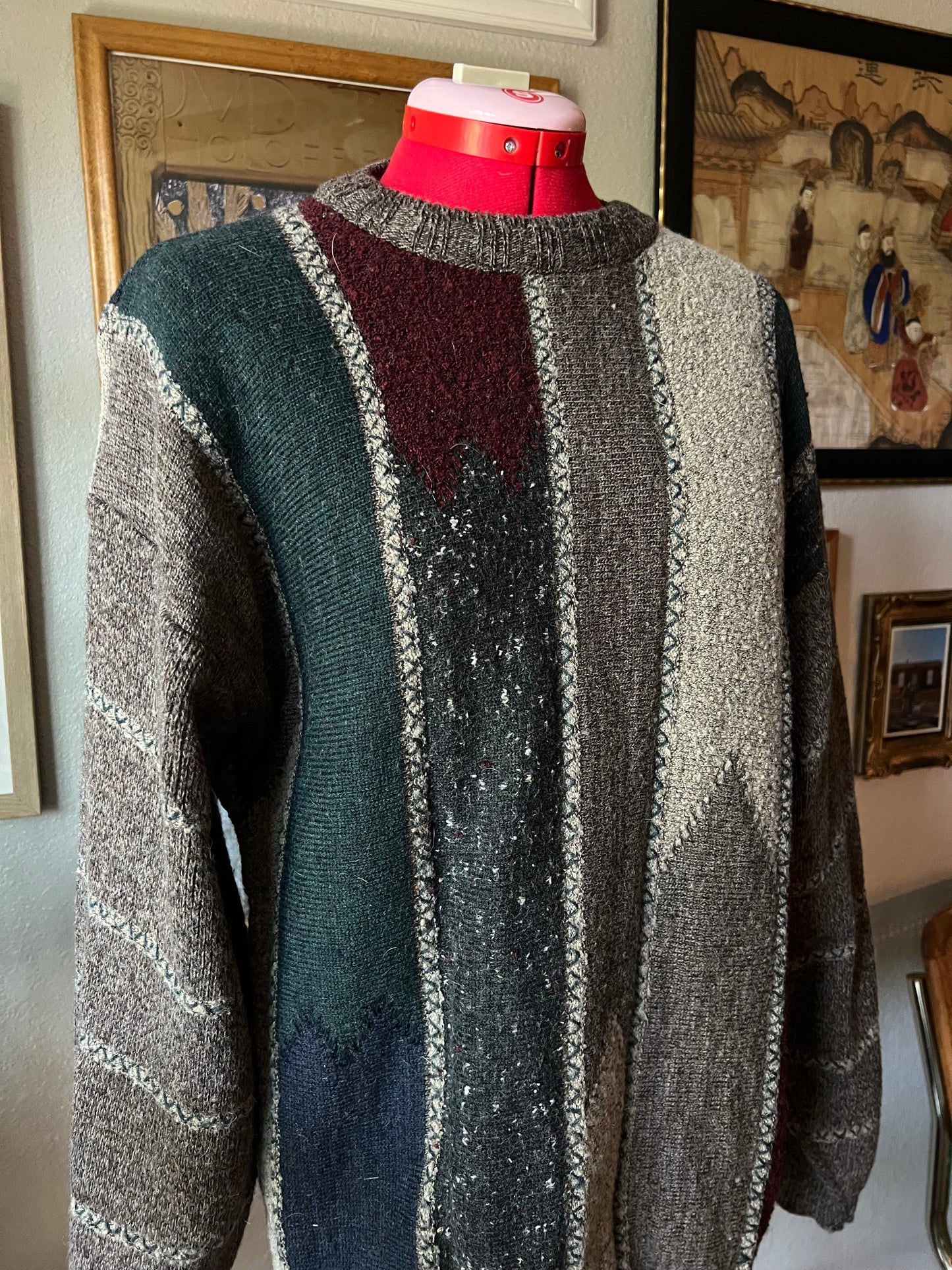 90s Italian Wool Sweater Grey Color Block - Large