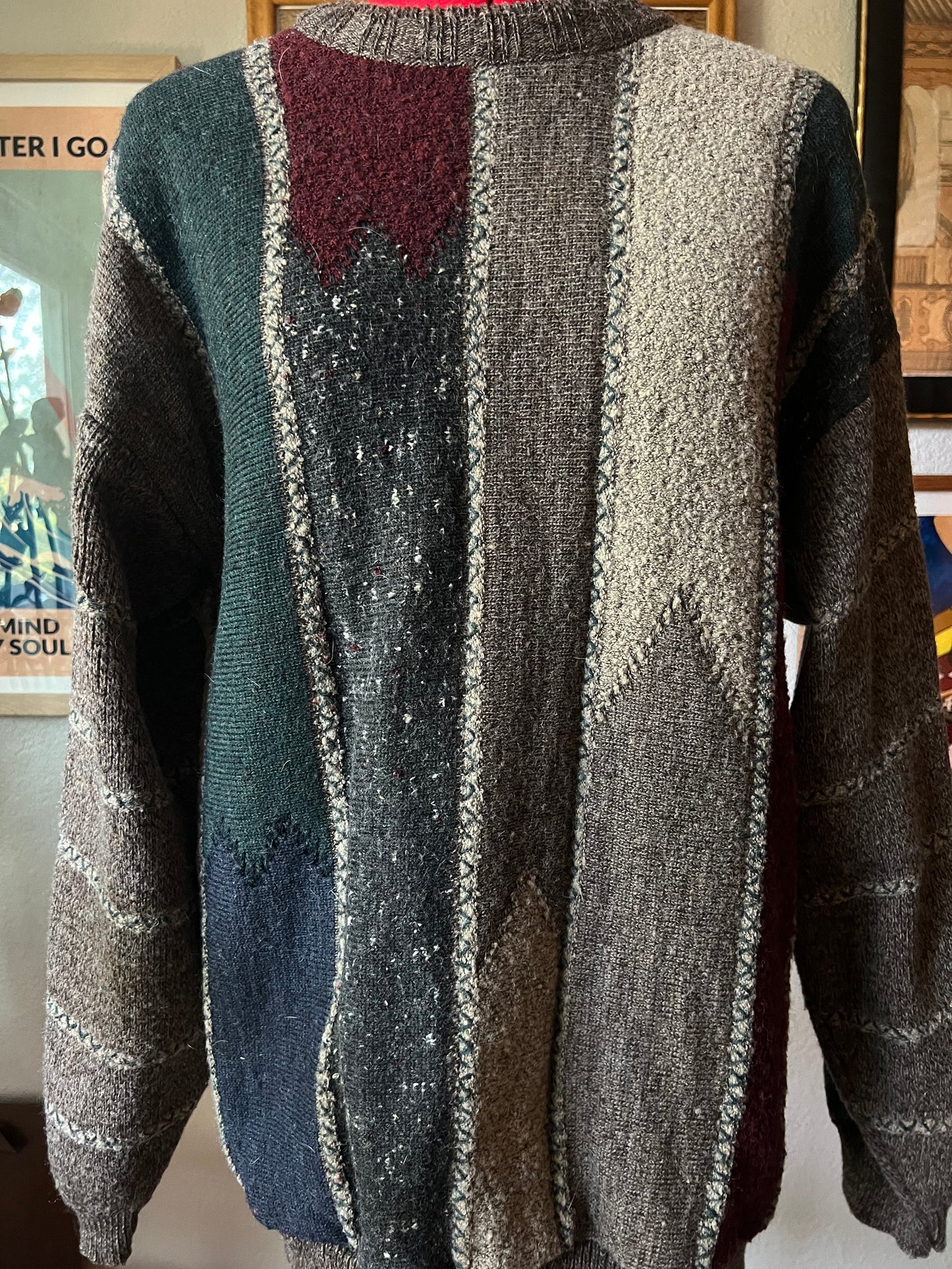 90s Italian Wool Sweater Grey Color Block - Large