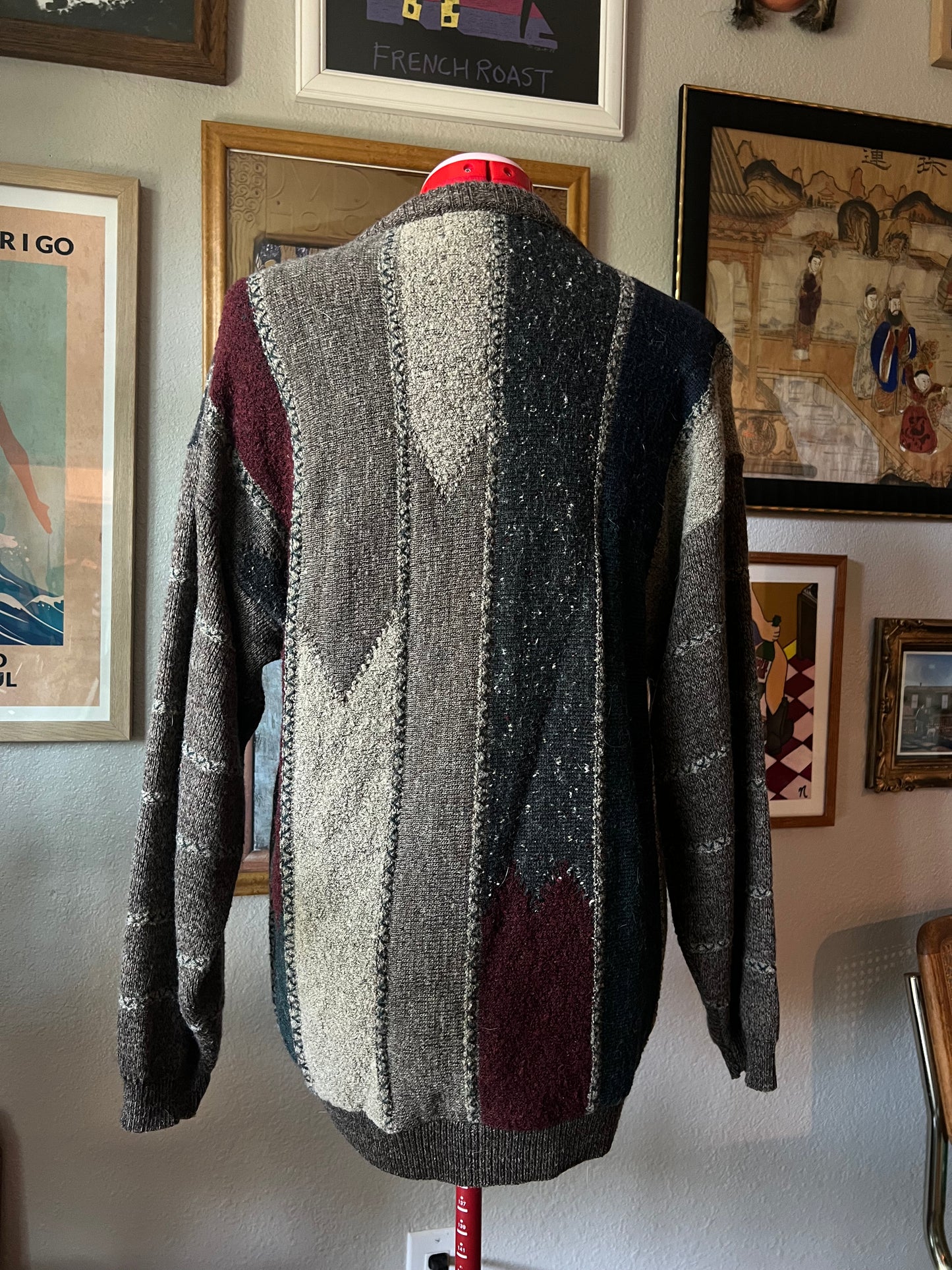 90s Italian Wool Sweater Grey Color Block - Large