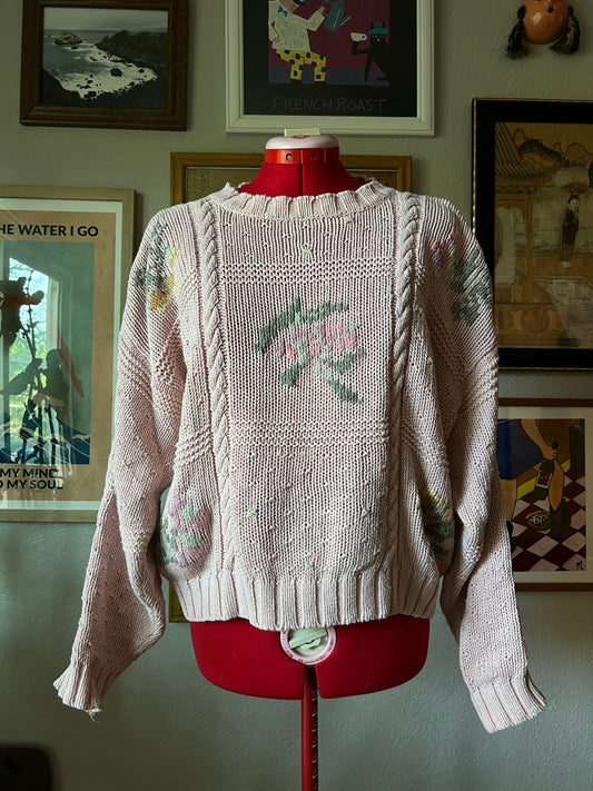 90s Cottagecore Dusty Pink Floral Knitted Sweater - Medium