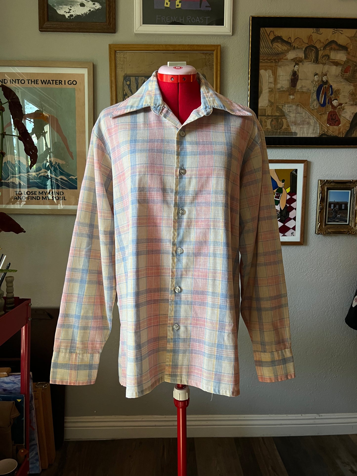 80s Jeans West Pink, Blue & Yellow Plaid Blouse - Large