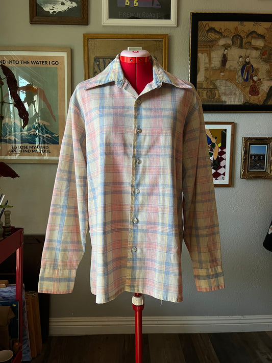 80s Jeans West Pink, Blue & Yellow Plaid Blouse - Large